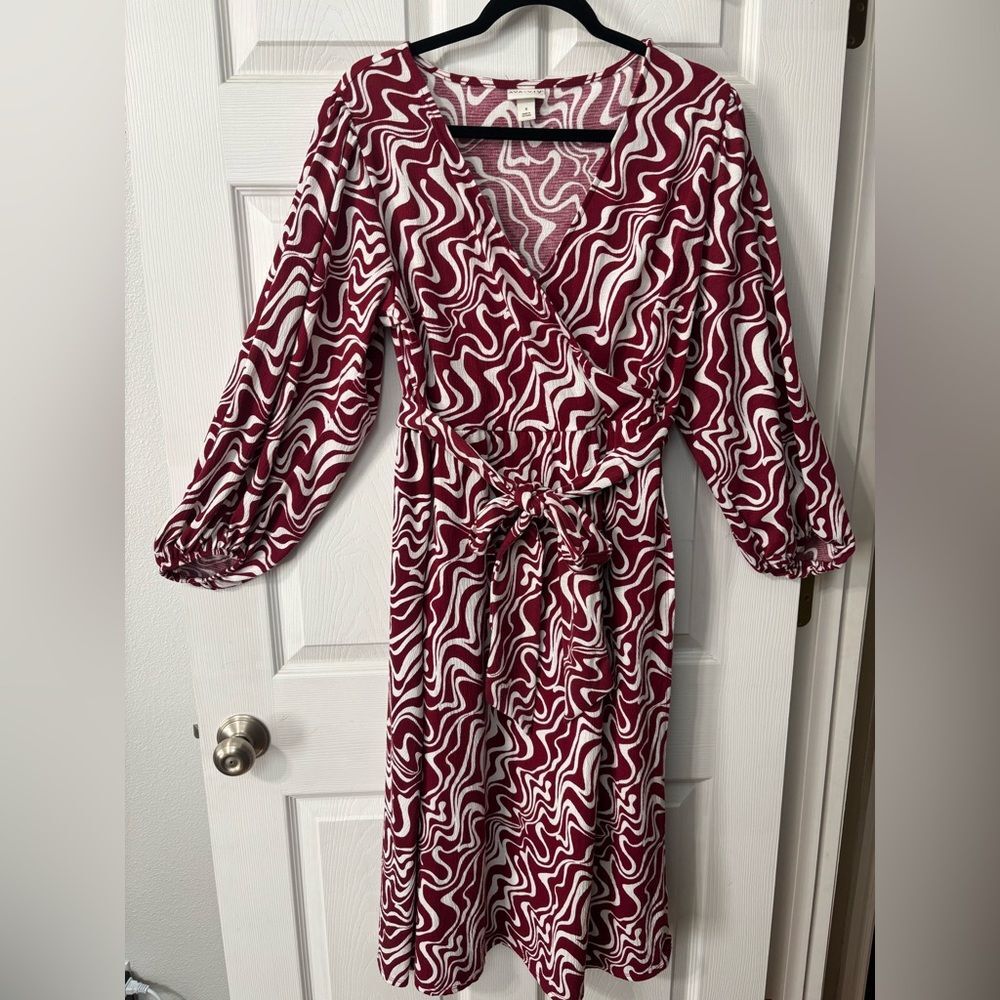Women's Plus Size Balloon Long Sleeve Wrap Dress - Ava & Viv Burgundy Swirl 1X